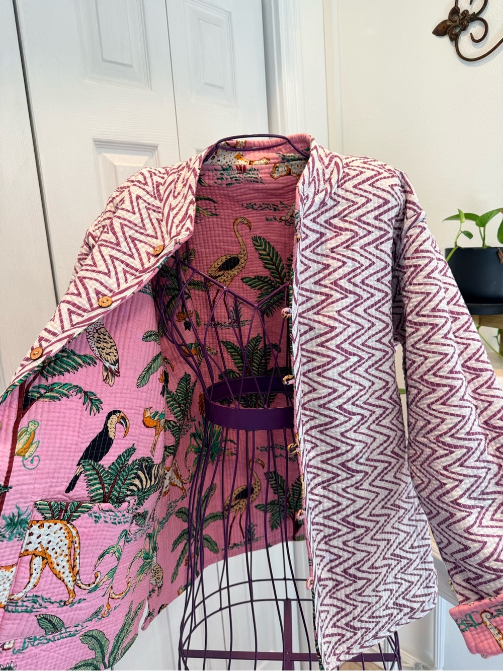 Artsy Cotton Safari Sz 14/16 Reversible Pink Tropical Jungle Print Women Jacket - Picture 4 of 6